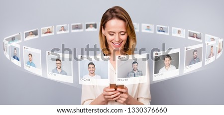 Close up photo digital bachelor she her lady smartphone online sit repost like pick choose choice illustration pictures guys dating site futuristic creative design isolated grey background