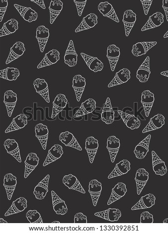 Ice cream cone seamless pattern on dark gray background. Doodle vector illustration background 