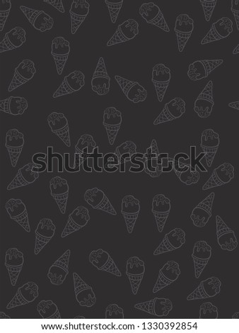 Ice cream cone seamless pattern in gray background. Vector template. Doodle illustration