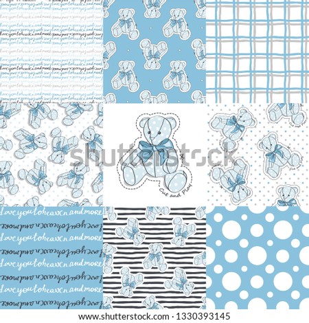 Teddy Bear and seamless patterns. Vector illustration set.