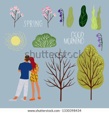 Couple in spring morning, create your cute card. Set of isolated vector elements man and woman, sun, trees, flowers and leaves.