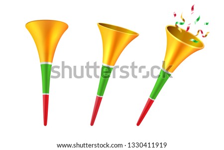 Set of isolated 3d party horns or cartoon soccer trumpet with confetti. Football fan blower or cone toy for children, kids. Stadium megaphone or klaxon instrument,noisemaker.Celebration, musical theme Royalty-Free Stock Photo #1330411919