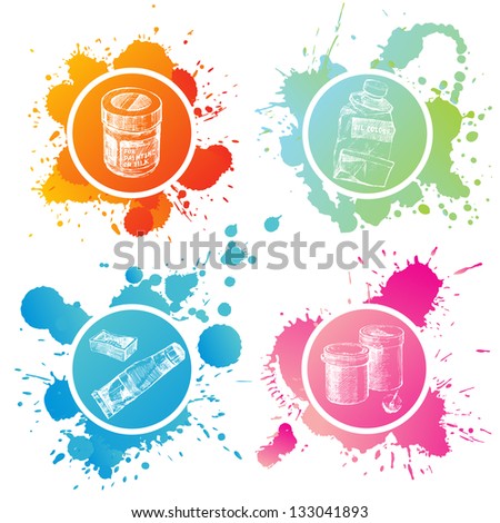 Hand drawn paint banks and tubes over splashing background