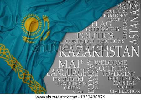 waving colorful national flag of kazakhstan on a gray background with important words about country . concept