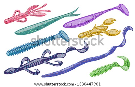 Mixed kinds of soft plastic baits. Scented and salted silicone bait lures for catching bass, pike, perch, zander and other predatory fish.