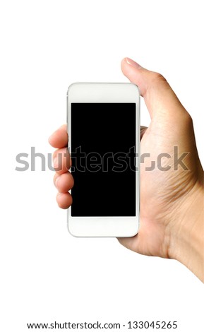 Hand holding white smart phone (Mobile Phone)
