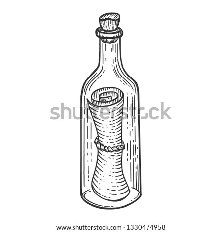 Message in bottle sketch engraving raster illustration. Scratch board style imitation. Hand drawn image.