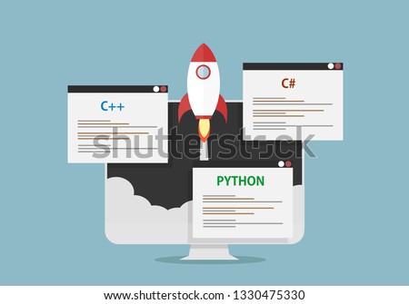 pc monitor with rocket and programing languages pop up c++, c sharp and python