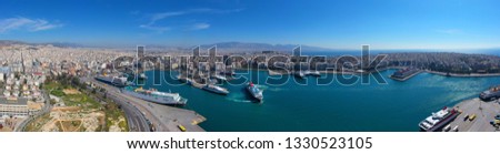 Aerial drone bird's eye panoramic view of famous port of Piraeus one of the largest in Europe, Attica, Greece