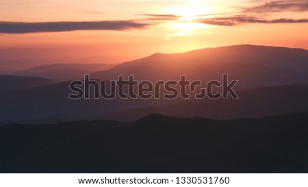 sunset moutains landscape, attractive summer evening view on silhouette of mountains on background gold sunlight,  magnificent nature wallpaper, Europe, Ukraine, Carpathians