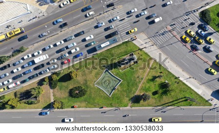 Aerial drone top view photo of triangle square in centre of Athens, Attica, Greece