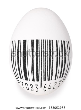 White egg of chicken with black bar-code symbol. Art design. On white background.