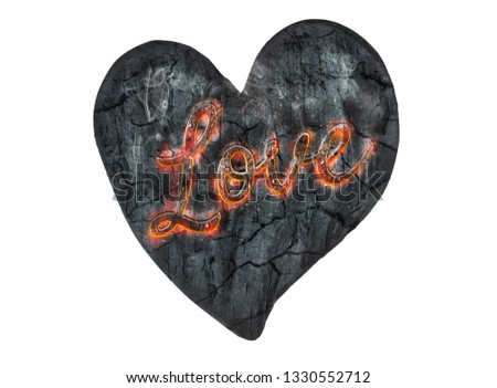 Charred heart with love message on fire - w/clipping path
Love word engraved into charcoal