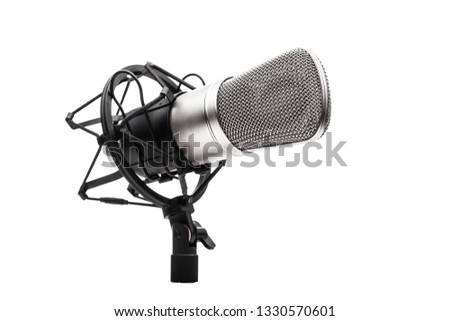 professional studio microphone on a vibrations stand, against white background