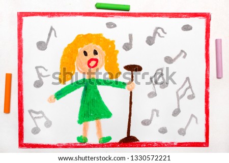 Colorful drawing: Singer. A woman surrounded by notes sings a song into the microphone.