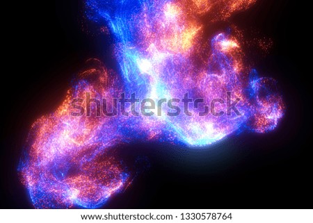 Multicolored flame. Glowing light particles. Magic background. Isolated on black