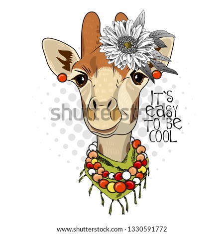 Pretty giraffe with earrings, necklace, flower, green scarf. Hand drawn illustration of dressed camelopard.  Vector illustration.