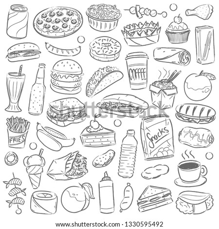 Fast Food Restaurant Menu Clip Art. Doodle Icons Sketch Hand Made Design Vector.
