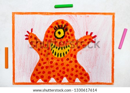 Colorful drawing: Cute orange monster with one eye