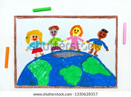 Colorful drawing: International children of the world. Children standing on planet earth 