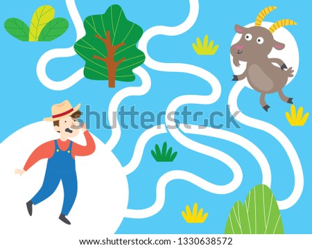 Mini games for children. Farm and Animal puzzle road for children. Gameboard design. Help farmer find the goat.