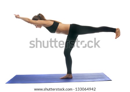 Virabhadrasana 3, a position in Yoga, is also called Warrior Pose isolated on white background