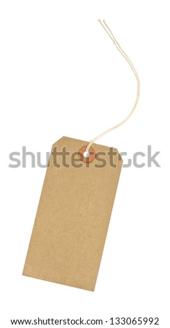 traditional cardboard price tag with white string threaded through the reinforced hole isolated against a white background