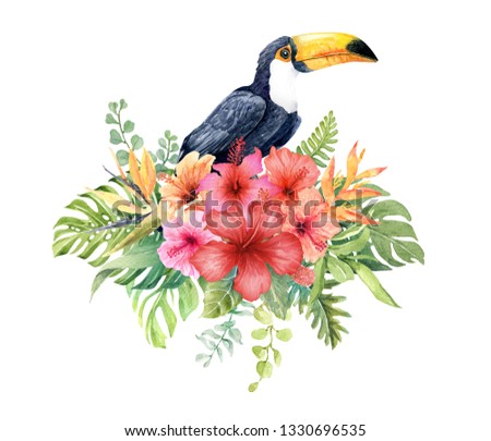 Watercolor tropical Toucan bird in Hibiscus bouquet Elements layer path, di-cut alpha path clipping path isolated on white background for wedding greeting card.