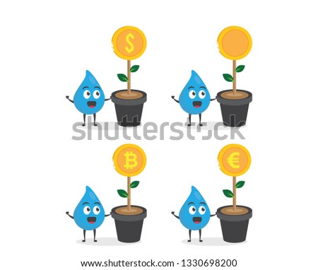 vector illustration character cartoon modern flat design brand of cute water blue mascot holding earth growing money tree coin gold success passive income, bitcoin, euro and dollar in white background