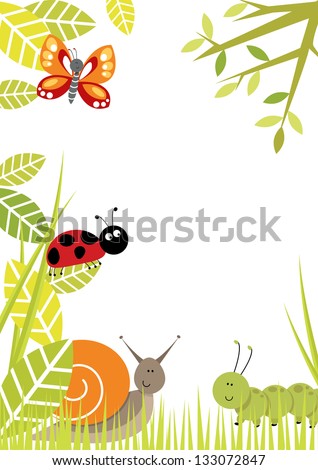 Bugs Border Portrait format bug/insect border with lots of copy space. Includes butterfly, ladybird, snail, caterpillar.