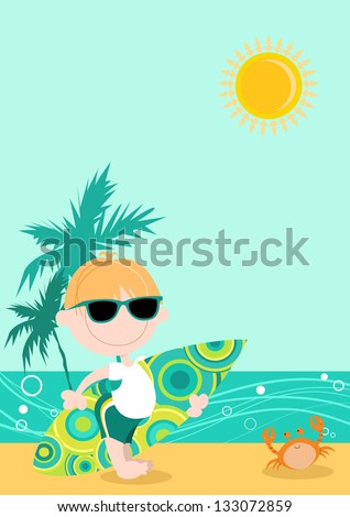 Surfer Boy Cartoon Cute kid (male) with surfboard under arm with beach and palm trees behind.
