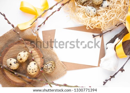 mockup card with plants. invitation card with environment and quail eggs. easter eggs, ribbons and nest on white background