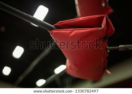 Low angle shot of a red turnbuckle pad with black ropes.