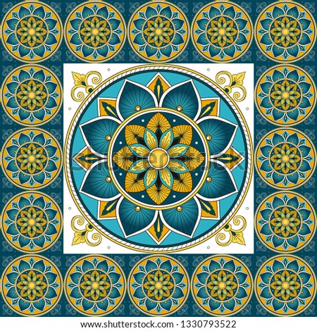 Spanish tile pattern floor vector with mosaic peacock print. Big element in center with frame. Ceramic background with portugal azulejos, mexican talavera, italian sicily majolica, venetian motifs.
