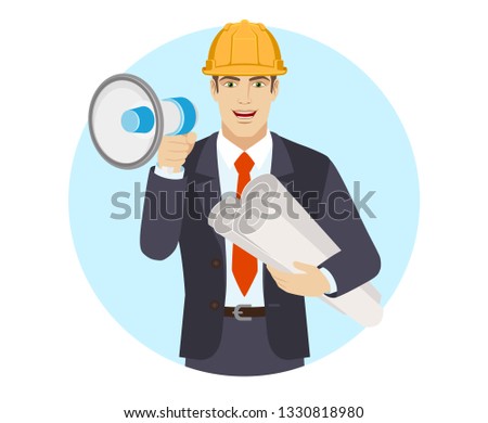 Businessman in construction helmet with loudspeaker holding the project plans. Portrait of businessman in a flat style. Vector illustration.