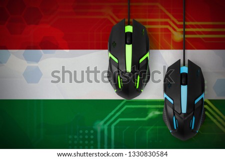 Hungary flag  and two mice with backlight. Online cooperative games. Cyber sport team