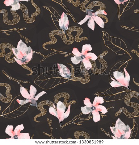 Seamless pattern with golden flowers and snakes on the black background. Watercolor floral illustration.