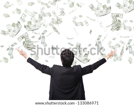 back view of business man hug money isolated on white background, concept for success business, asian model