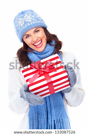 Beautiful christmas girl with gifts isolated on white background.
