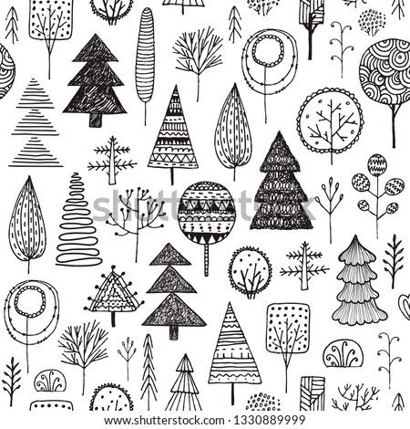 Vector Seamless linear texture with ornamental trees. Endless hand drawn black and white pattern. Template for design textile, backgrounds, packages, wrapping paper