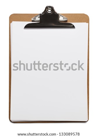 Classic brown clipboard with blank white paper on isolated background. Royalty-Free Stock Photo #133089578