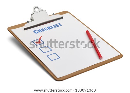 Classic Clipboard with Checklist and Red Pen Isolated on White Background. Royalty-Free Stock Photo #133091363
