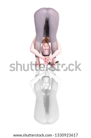 young girl performs different poses of yoga, flexible beautiful model on a white background. meditation and asanas. the harmony of body and spirit 