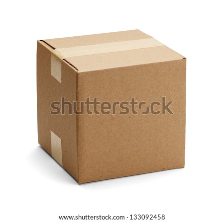 Closed cardboard box taped up and isolated on a white background. Royalty-Free Stock Photo #133092458