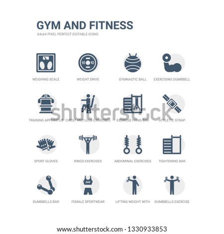 simple set of icons such as dumbbells exercise, lifting weight with right arm, female sportwear, dumbbells bar, tightening bar, abdominal exercises, rings exercises, sport gloves, athletic strap,