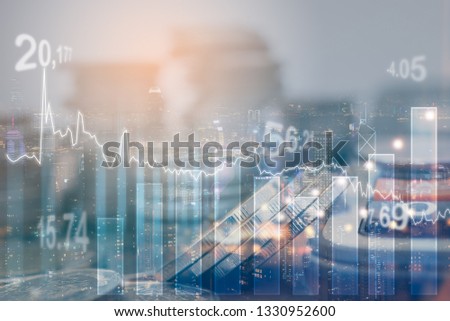 Double exposure of financial graph, coins, calculator and business buildings, economic trends analysis, finance business, accounting and banking backgrounds