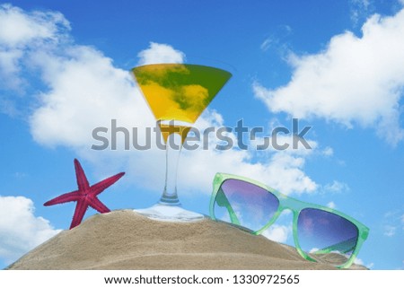 summer time season background with summer elements - sea star, orange glass and green sunglasses . isolated on white background. 