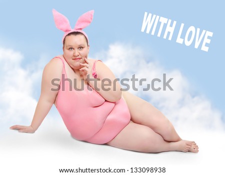 Crazy postcard with funny pink Bunny. Picture with space for your text.