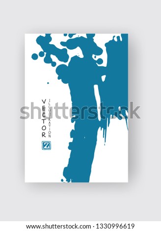 Blue ink brush stroke on white background. Japanese style. Vector illustration of grunge stains