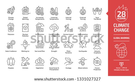 Climate change or global warming editable stroke outline icon set with world increasing and lowering temperature, globe nuclear and air co2 pollution, greenhouse effect, melting ice line ecology sign.